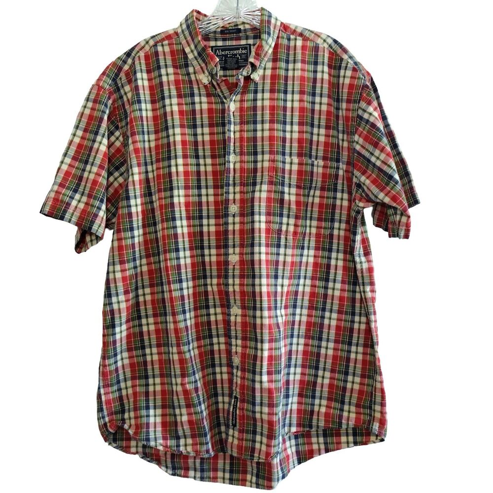 Abercrombie Fitch Y2K Big Shirt Short Sleeve Plaid Button Down M Country Grandpa